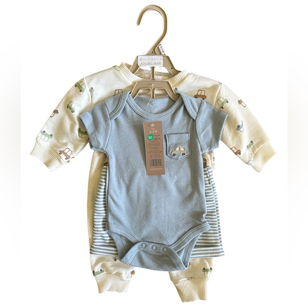 Chick Pea Car Print Onesie/Shorts and Crewneck/Pants 4 Piece Set Size 0-3M